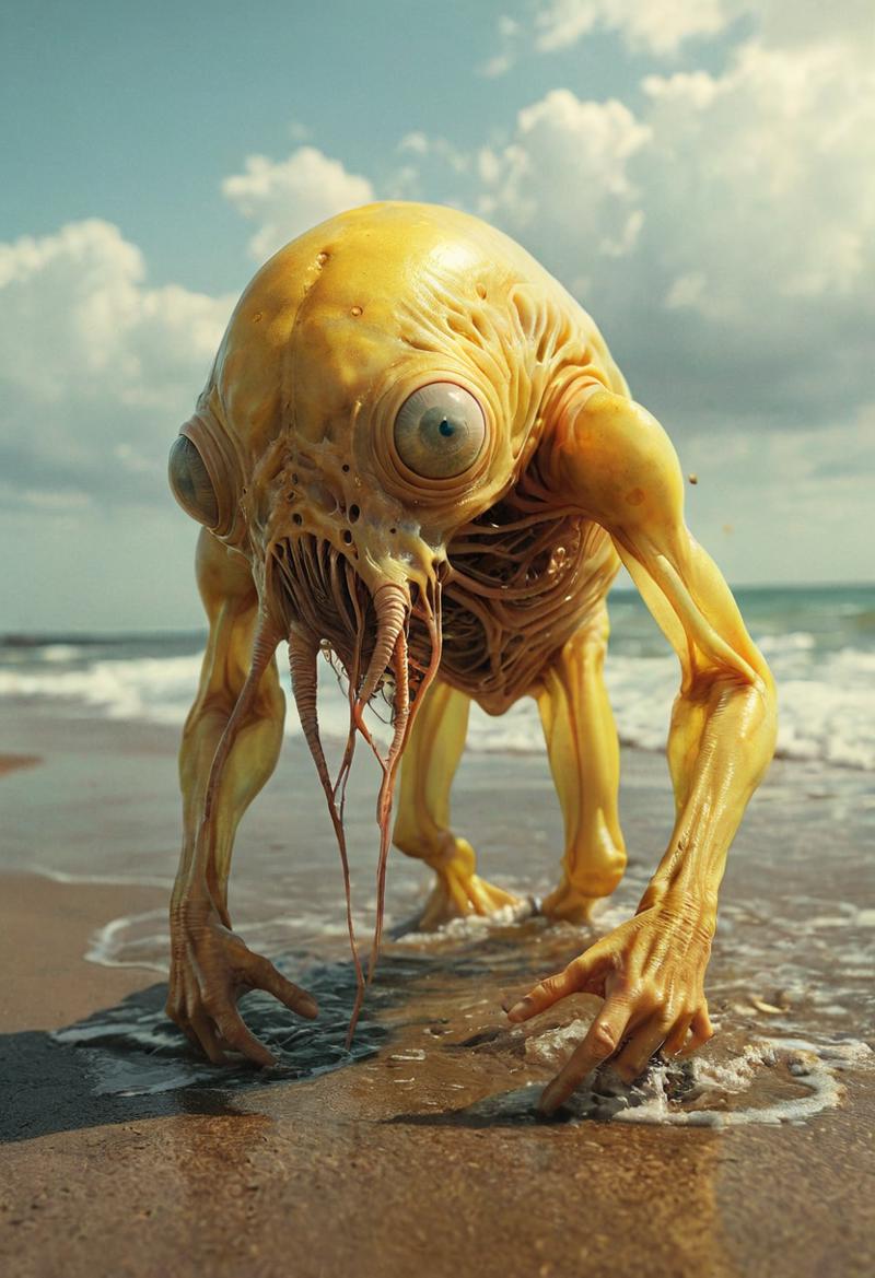 TheAramintaExperiment_Cv6_macro photography by Shaun Tan and Peter Mohrbacher and Moebius and Guy Aroch, creature design by Shaun Tan, yellow floating alien creature rising from the shore, transparent body exposing i_20240706185240_0001.png